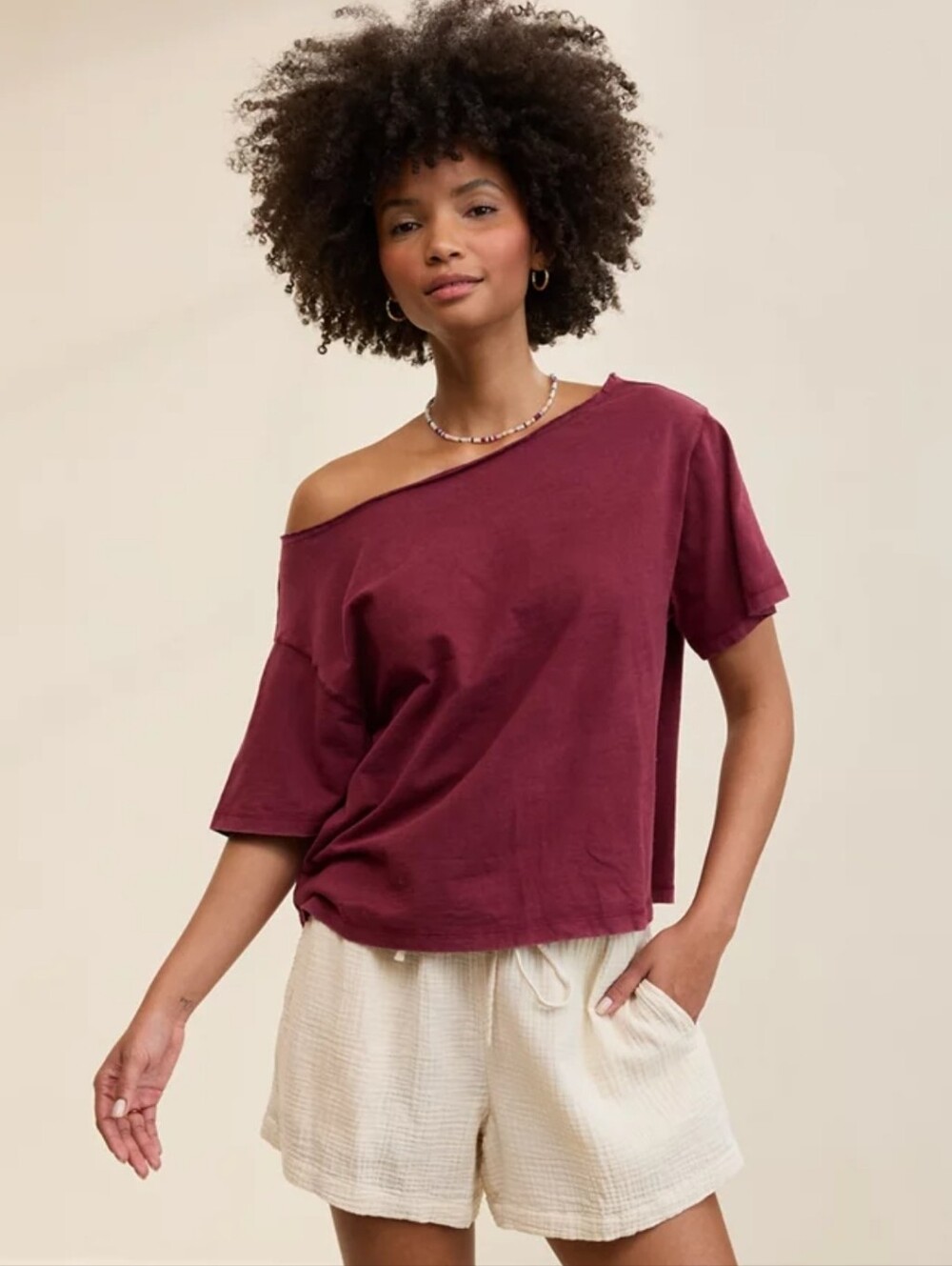 Aerie Off-The-Shoulder Relaxed T-Shirt Deep Ruby Size Medium